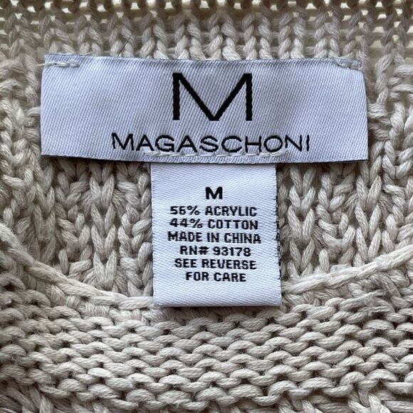 Magaschoni Open Knit Long Sleeve Crew Neck Pullover Sweater Beige Medium - Picture 4 of 9